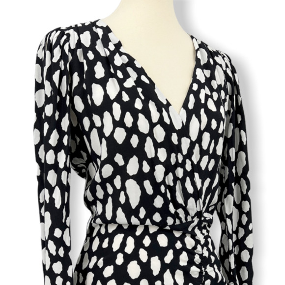 Maje Rossima Black White Spotted Dress V Neck Long Sleeve Faux Wrap Size 2 - Picture 6 of 11